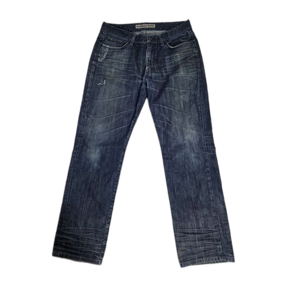 Express Jeans Kingston Mens Blue Classic Fit Straight Leg Button Fly Jeans 34x32